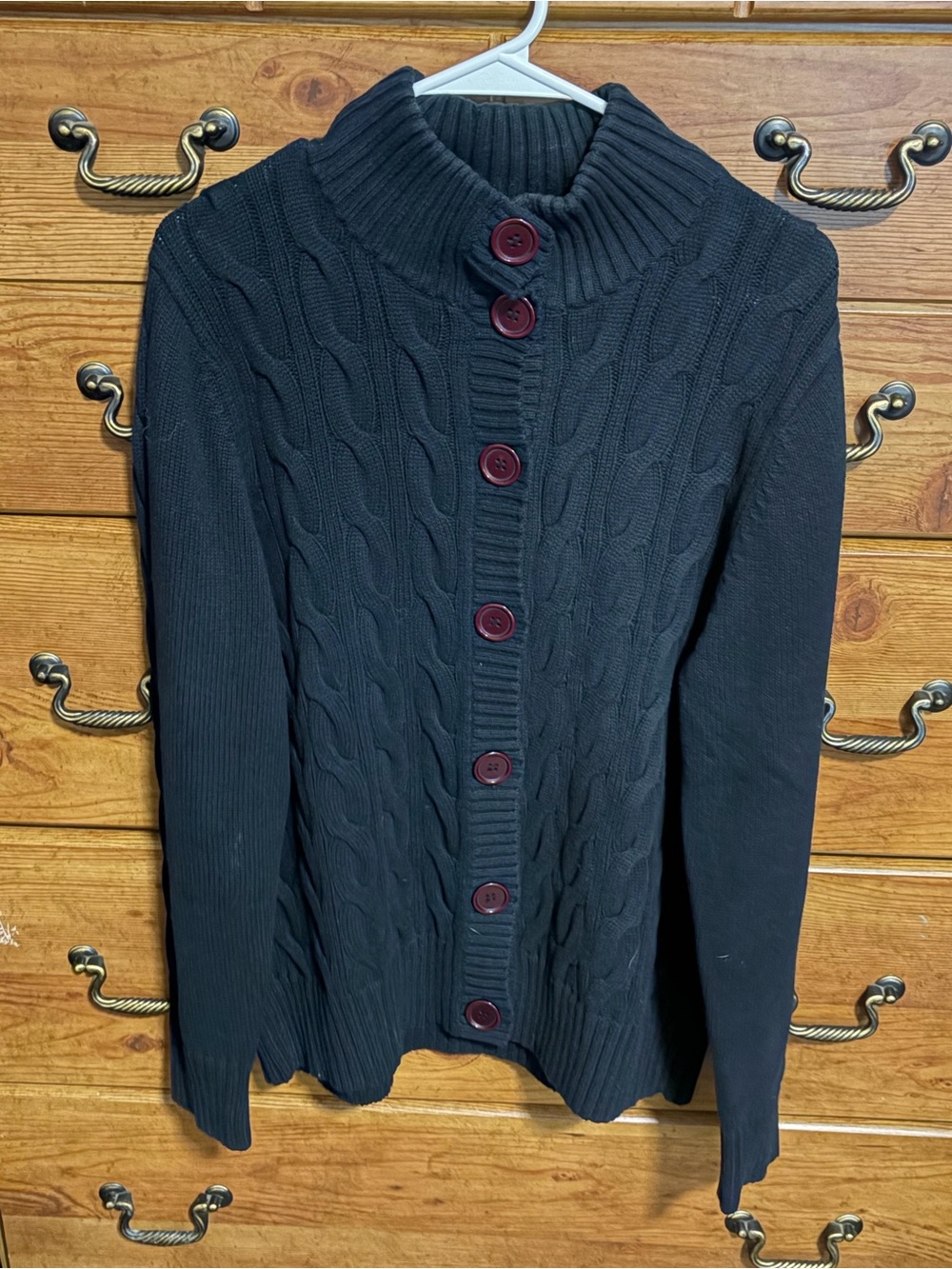 Karen Scott Black Cable-Knit Button Cardigan with Dark Red Buttons